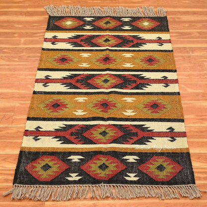 Geometric Hand Woven Beige Multicolor Farm House Decor Wool Jute Rug