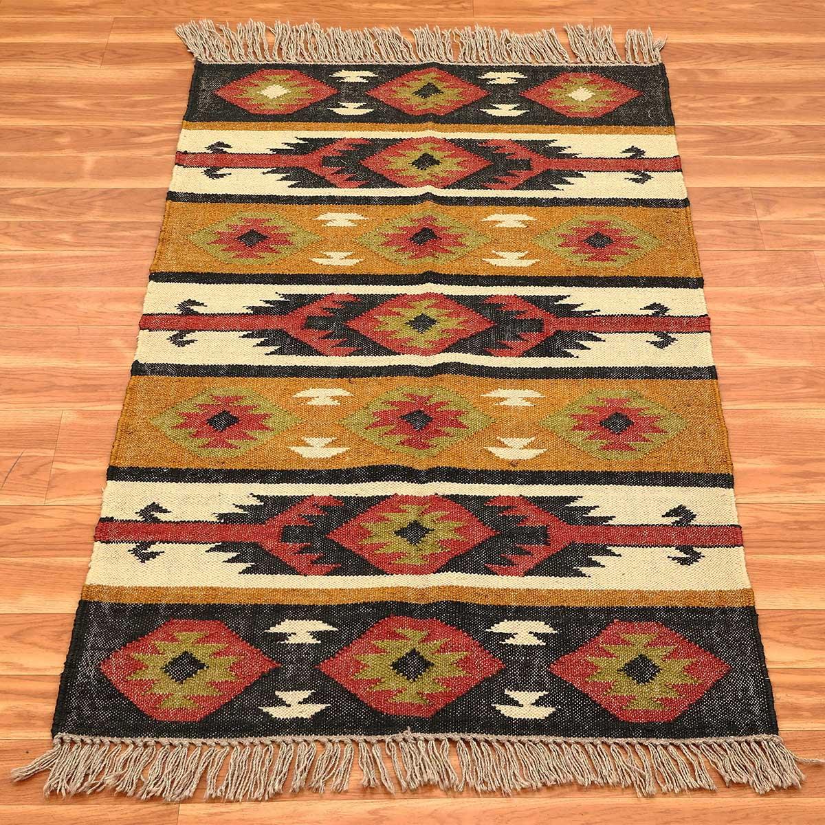 Geometric Hand Woven Beige Multicolor Farm House Decor Wool Jute Rug - Indian Rug Store