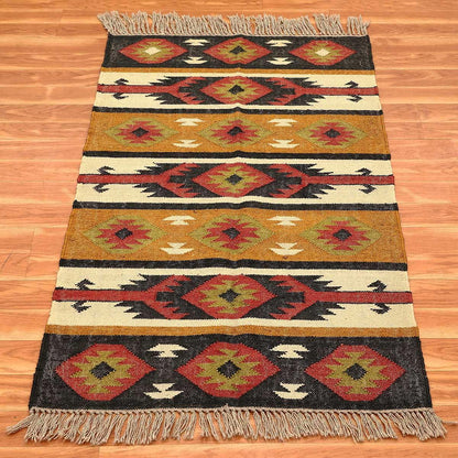 Geometric Hand Woven Beige Multicolor Farm House Decor Wool Jute Rug - Indian Rug Store