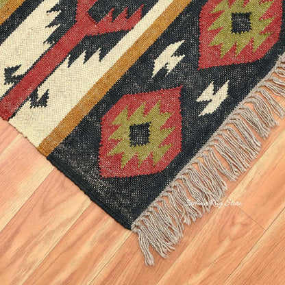 Geometric Hand Woven Beige Multicolor Farm House Decor Wool Jute Rug