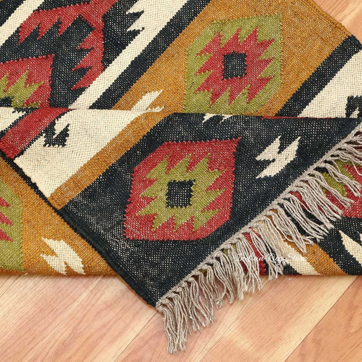 Geometric Hand Woven Beige Multicolor Farm House Decor Wool Jute Rug