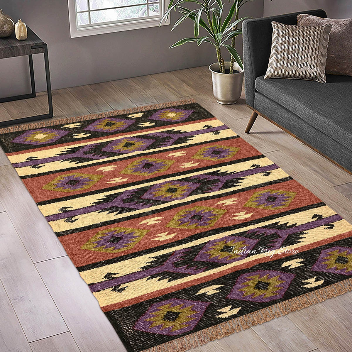 Multicolor Brown Hand Woven Geometric Living Area Wool Jute Rug