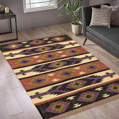 Multicolor Brown Hand Woven Geometric Living Area Wool Jute Rug - Indian Rug Store