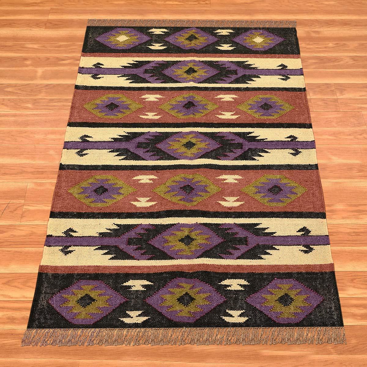 Multicolor Brown Hand Woven Geometric Living Area Wool Jute Rug - Indian Rug Store