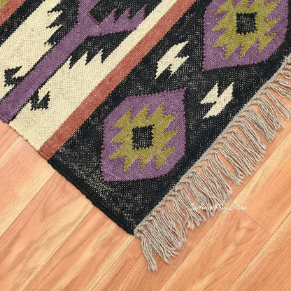 Multicolor Brown Hand Woven Geometric Living Area Wool Jute Rug