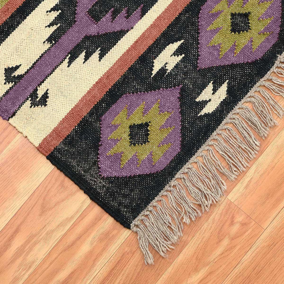 Multicolor Brown Hand Woven Geometric Living Area Wool Jute Rug - Indian Rug Store