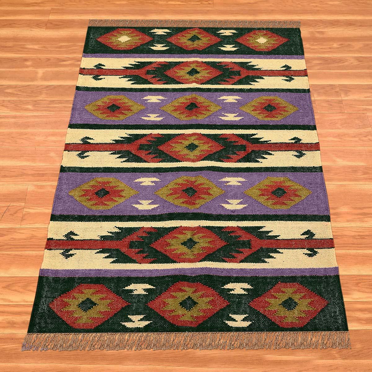 Purple Multicolor Hallway Decor Hand Woven Geometric Wool Jute Rug - Indian Rug Store