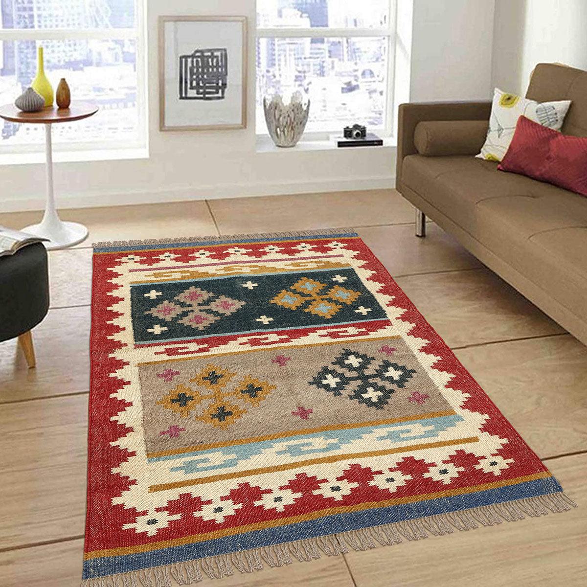 Indian Hand Woven Geometric Red Multicolor Home Decor Wool Jute Rug - Indian Rug Store