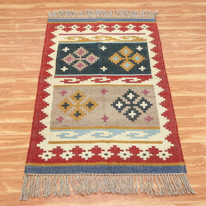 Indian Hand Woven Geometric Red Multicolor Home Decor Wool Jute Rug - Indian Rug Store