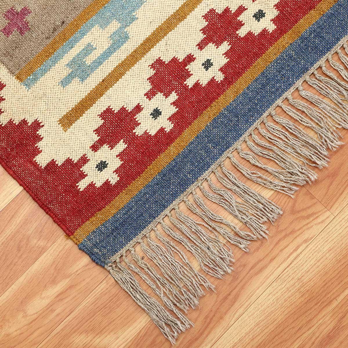 Indian Hand Woven Geometric Red Multicolor Home Decor Wool Jute Rug - Indian Rug Store