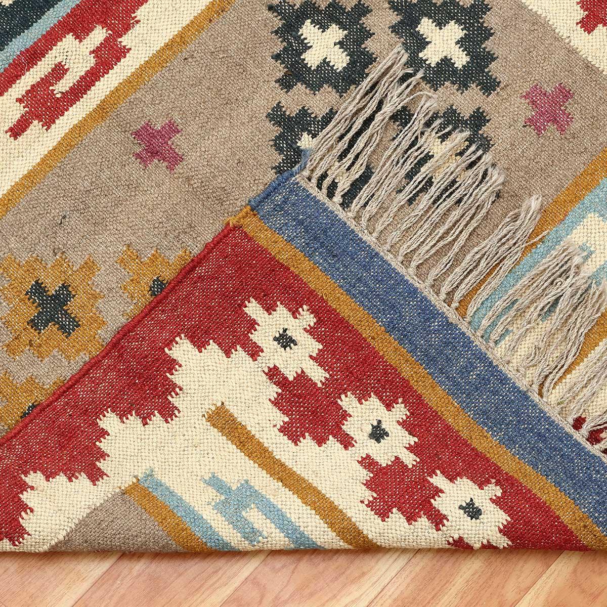 Indian Hand Woven Geometric Red Multicolor Home Decor Wool Jute Rug - Indian Rug Store