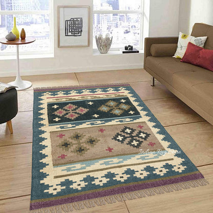 Hand Woven Gray Multicolor Geometric Farm House Decor Wool Jute Rug