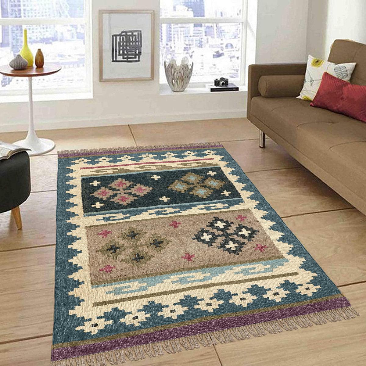 Hand Woven Gray Multicolor Geometric Farm House Decor Wool Jute Rug - Indian Rug Store