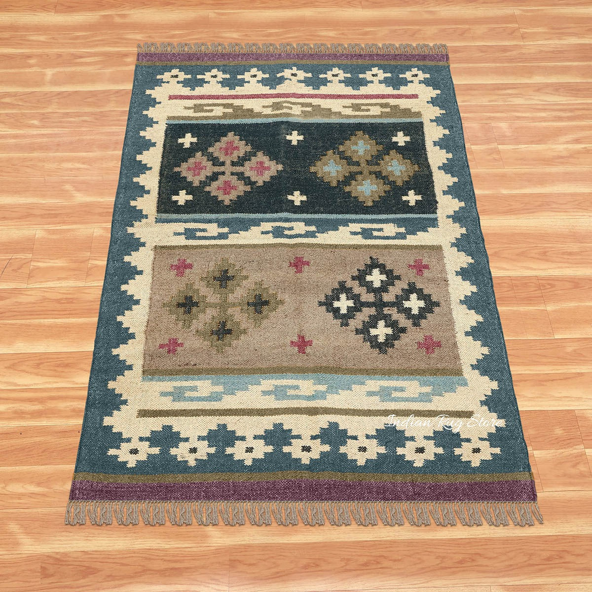 Hand Woven Gray Multicolor Geometric Farm House Decor Wool Jute Rug