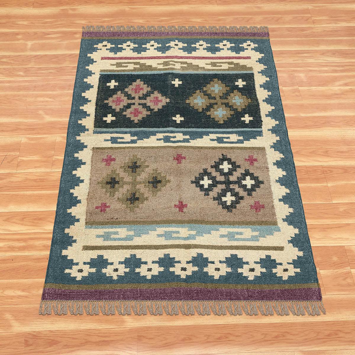 Hand Woven Gray Multicolor Geometric Farm House Decor Wool Jute Rug - Indian Rug Store