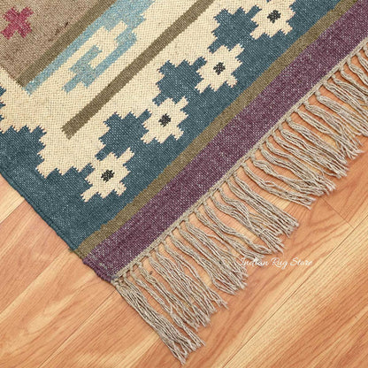 Hand Woven Gray Multicolor Geometric Farm House Decor Wool Jute Rug