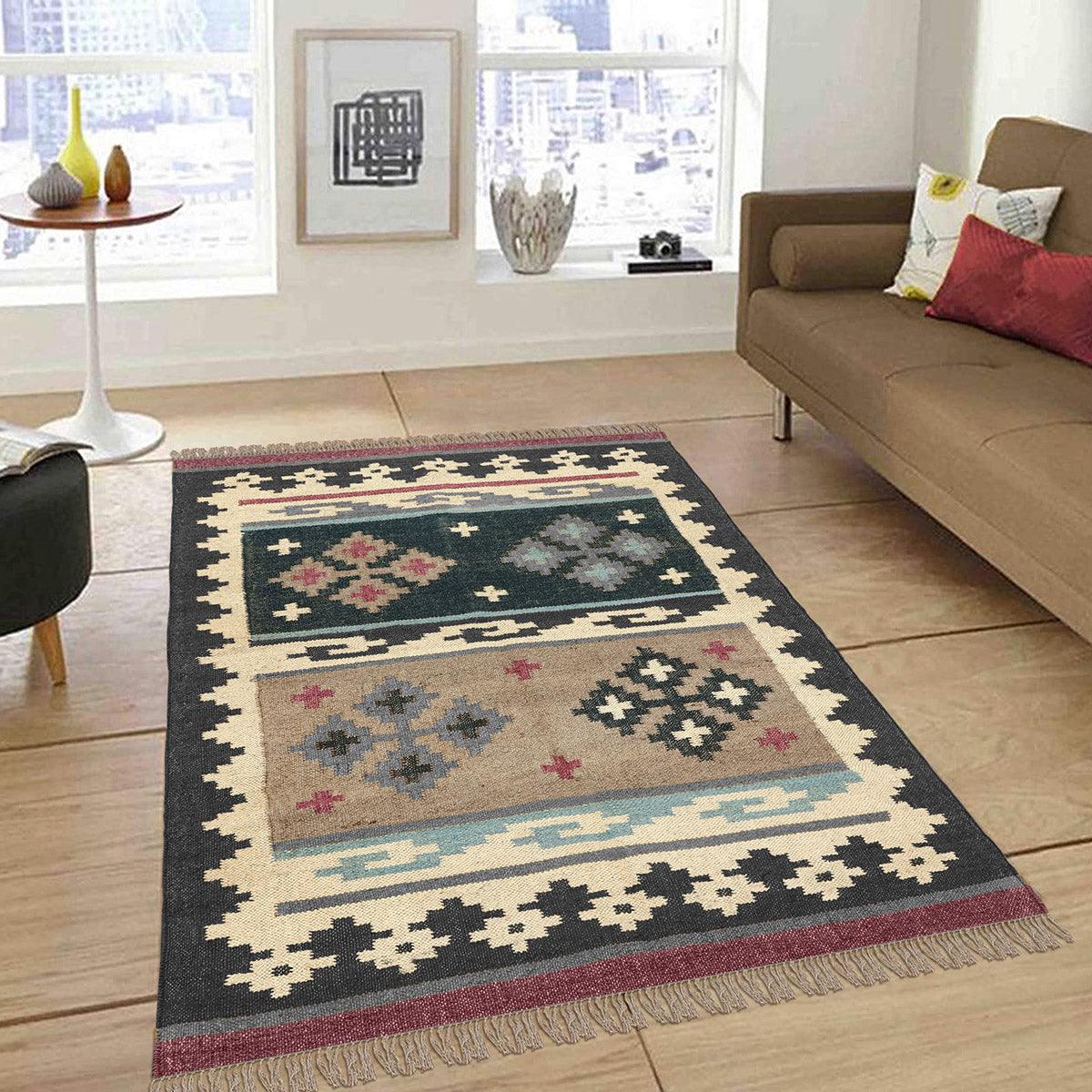 Black Multicolor Hand Woven Geometric Living Area Wool Jute Rug - Indian Rug Store