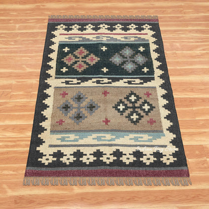 Black Multicolor Hand Woven Geometric Living Area Wool Jute Rug