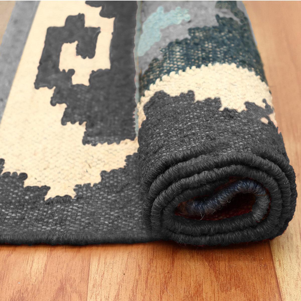 Black Multicolor Hand Woven Geometric Living Area Wool Jute Rug - Indian Rug Store