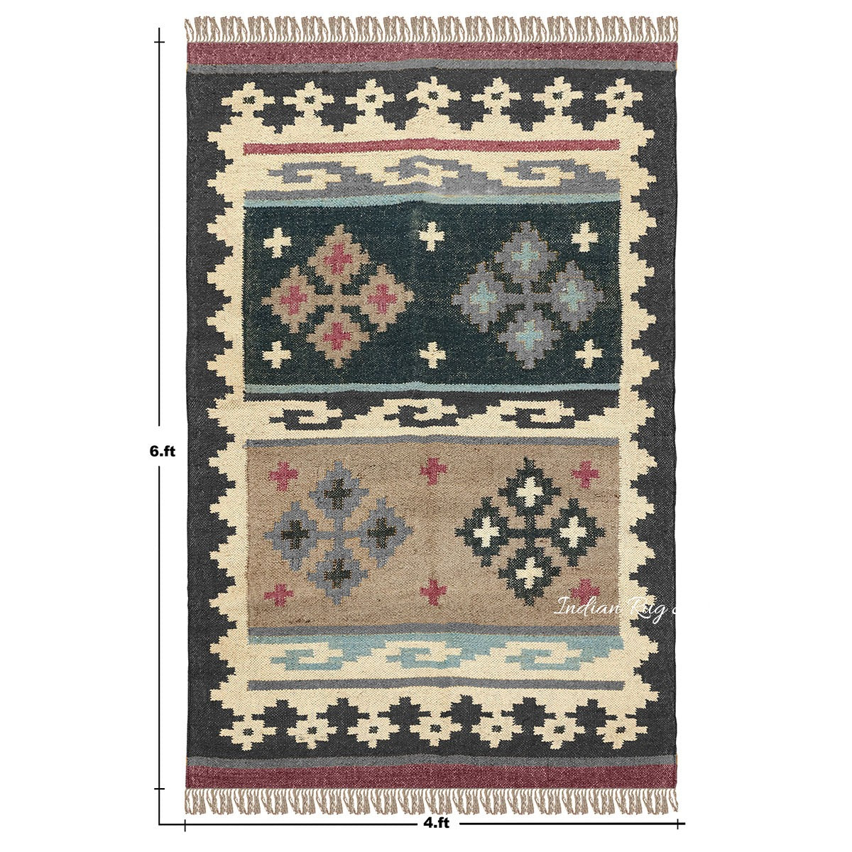 Black Multicolor Hand Woven Geometric Living Area Wool Jute Rug