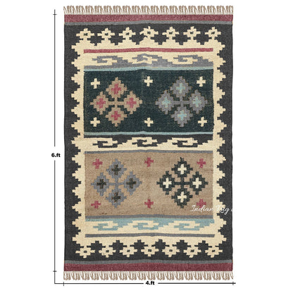 Black Multicolor Hand Woven Geometric Living Area Wool Jute Rug