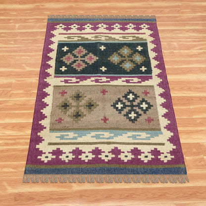 Multicolor Plum Pink Geometric Hand Woven Out House Wool Jute Rug - Indian Rug Store