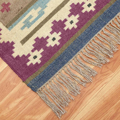 Multicolor Plum Pink Geometric Hand Woven Out House Wool Jute Rug - Indian Rug Store