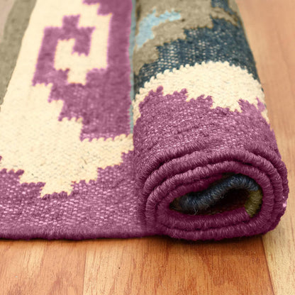 Multicolor Plum Pink Geometric Hand Woven Out House Wool Jute Rug - Indian Rug Store