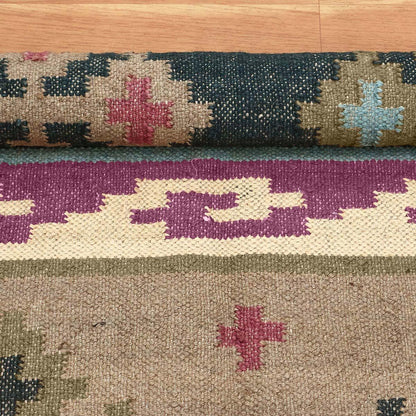 Multicolor Plum Pink Geometric Hand Woven Out House Wool Jute Rug - Indian Rug Store