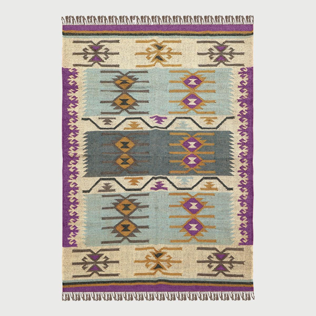 Purple Multicolor Hand Woven Farm House Decor Geometric Wool Jute Rug - Indian Rug Store