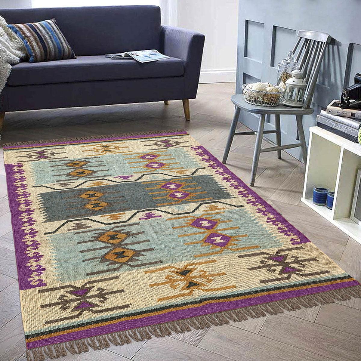 Purple Multicolor Hand Woven Farm House Decor Geometric Wool Jute Rug - Indian Rug Store