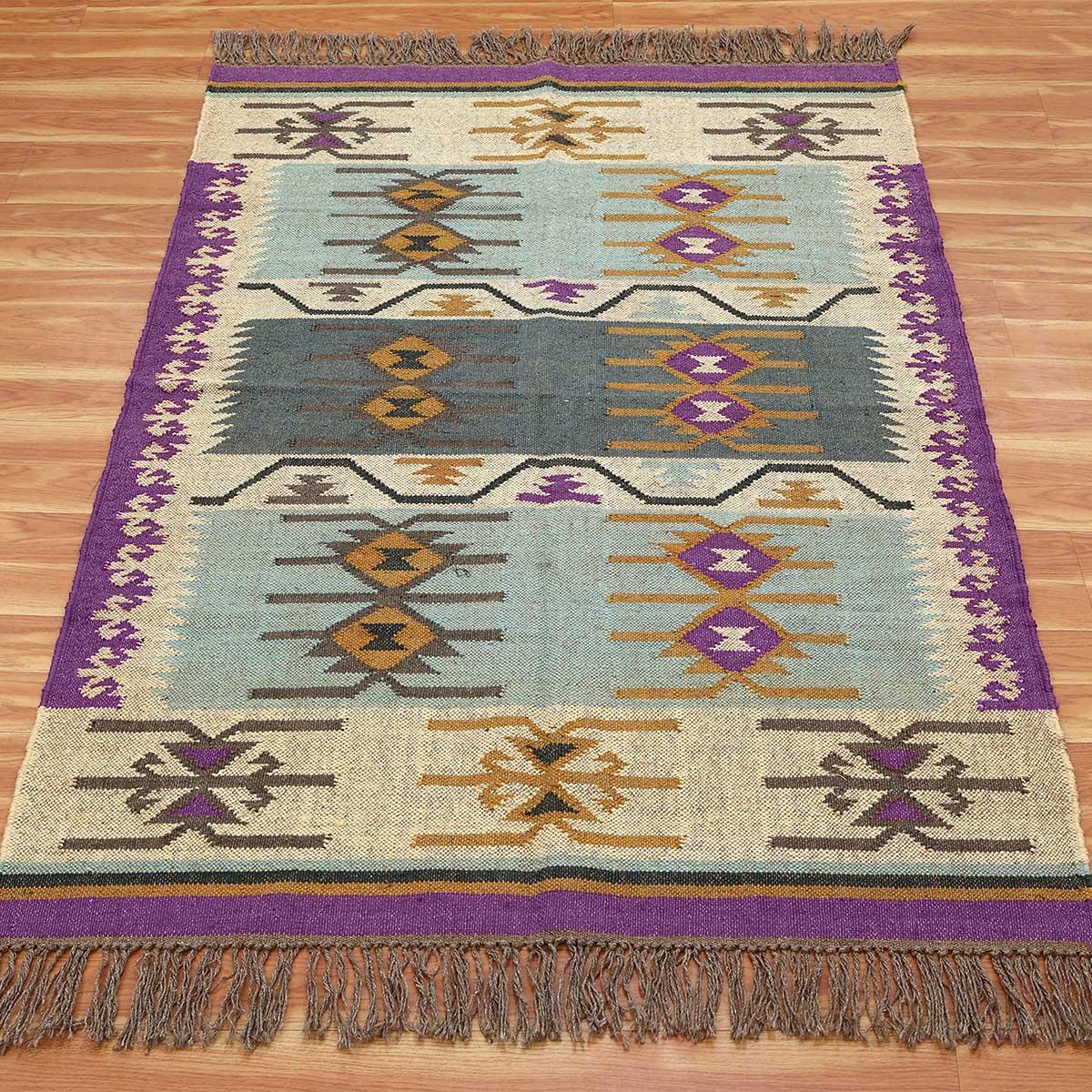 Purple Multicolor Hand Woven Farm House Decor Geometric Wool Jute Rug - Indian Rug Store