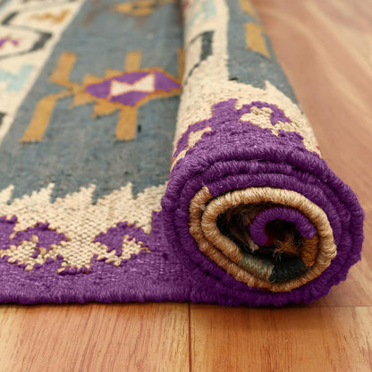 Purple Multicolor Hand Woven Farm House Decor Geometric Wool Jute Rug - Indian Rug Store