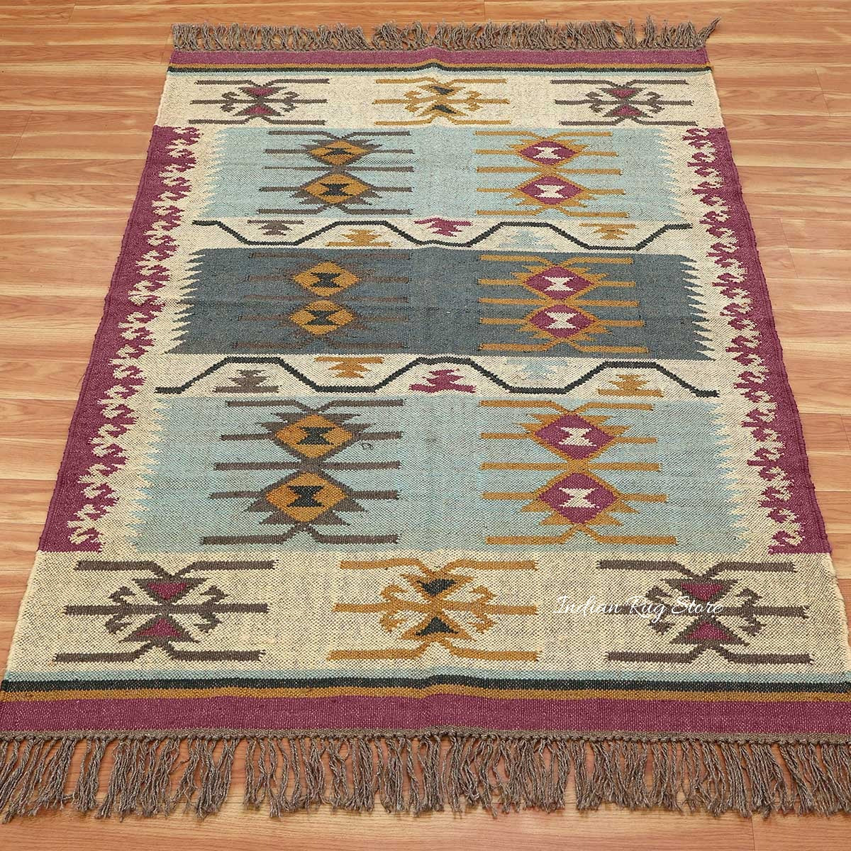 Entrance Decor Hand Woven Geometric Plum Pink Multicolor Wool Jute Rug