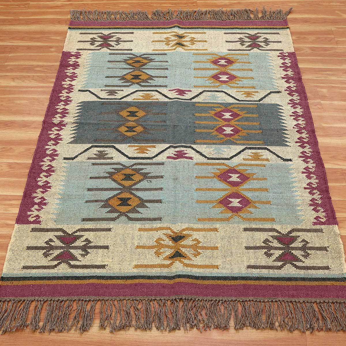 Entrance Decor Hand Woven Geometric Plum Pink Multicolor Wool Jute Rug - Indian Rug Store