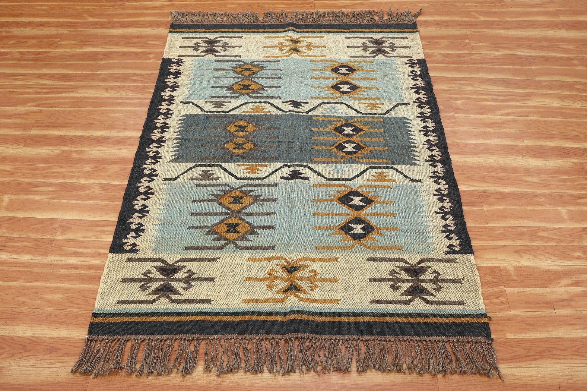 Multicolor Black Out House Decor Hand Woven Geometric Wool Jute Rug - Indian Rug Store