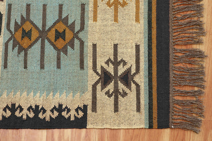 Multicolor Black Out House Decor Hand Woven Geometric Wool Jute Rug - Indian Rug Store