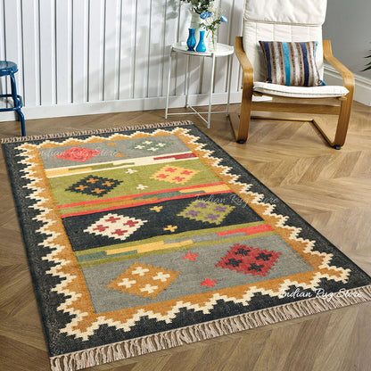 Indian Hand Woven Gray Multicolor Geometric Home Decor Wool Jute Rug