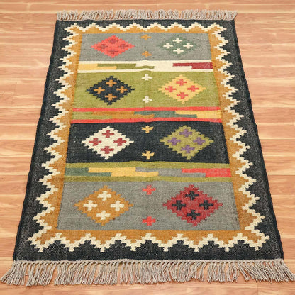 Indian Hand Woven Gray Multicolor Geometric Home Decor Wool Jute Rug - Indian Rug Store