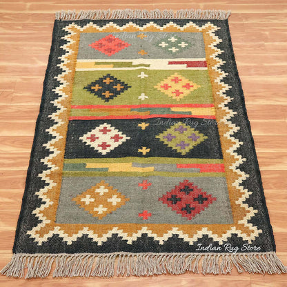 Indian Hand Woven Gray Multicolor Geometric Home Decor Wool Jute Rug