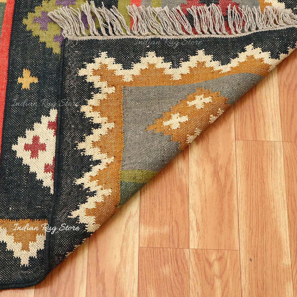 Indian Hand Woven Gray Multicolor Geometric Home Decor Wool Jute Rug