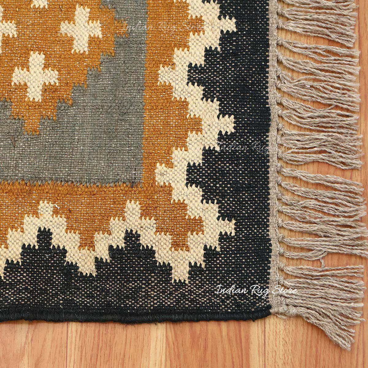 Indian Hand Woven Gray Multicolor Geometric Home Decor Wool Jute Rug