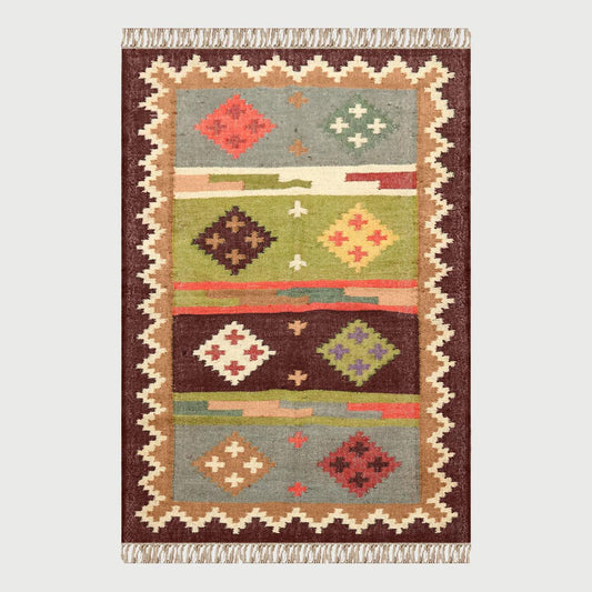 Hande Woven Rectangle Chocolate Brown Multicolor Interior Wool Jute Rug - Indian Rug Store