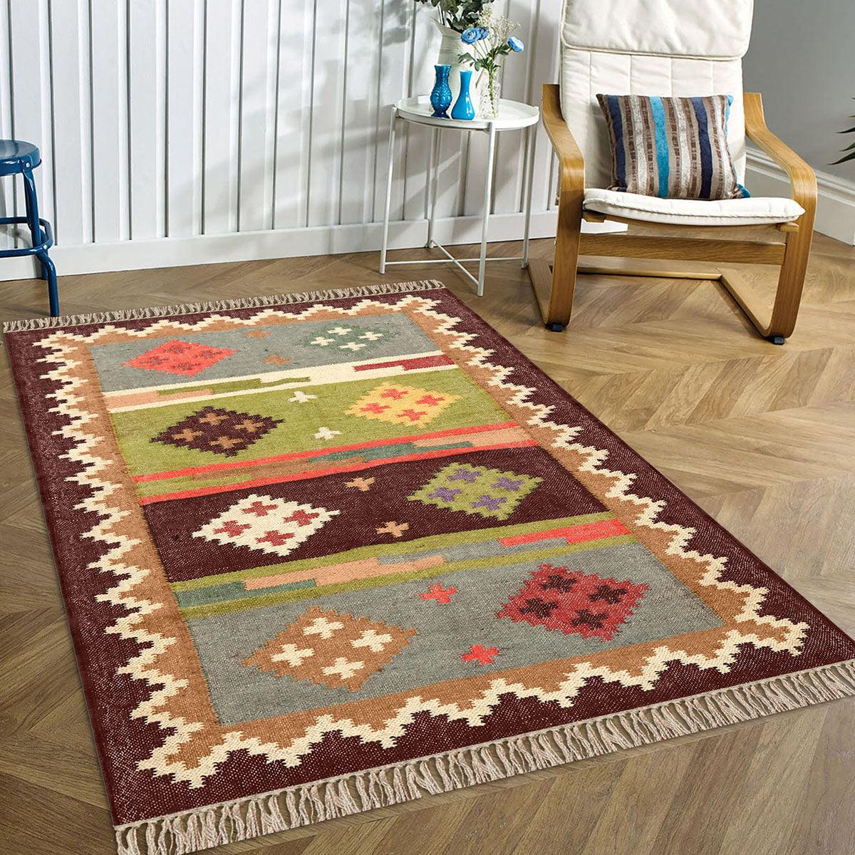 Hande Woven Rectangle Chocolate Brown Multicolor Interior Wool Jute Rug - Indian Rug Store