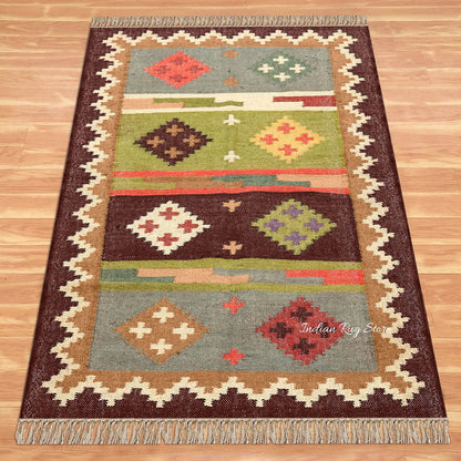 Hande Woven Rectangle Chocolate Brown Multicolor Interior Wool Jute Rug