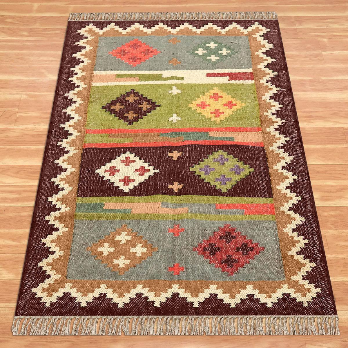 Hande Woven Rectangle Chocolate Brown Multicolor Interior Wool Jute Rug - Indian Rug Store