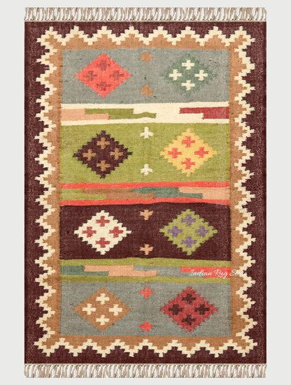 Hande Woven Rectangle Chocolate Brown Multicolor Interior Wool Jute Rug