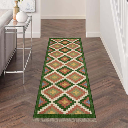 Indian Wool Jute Multicolor Bordered Runner Rug - Indian Rug Store