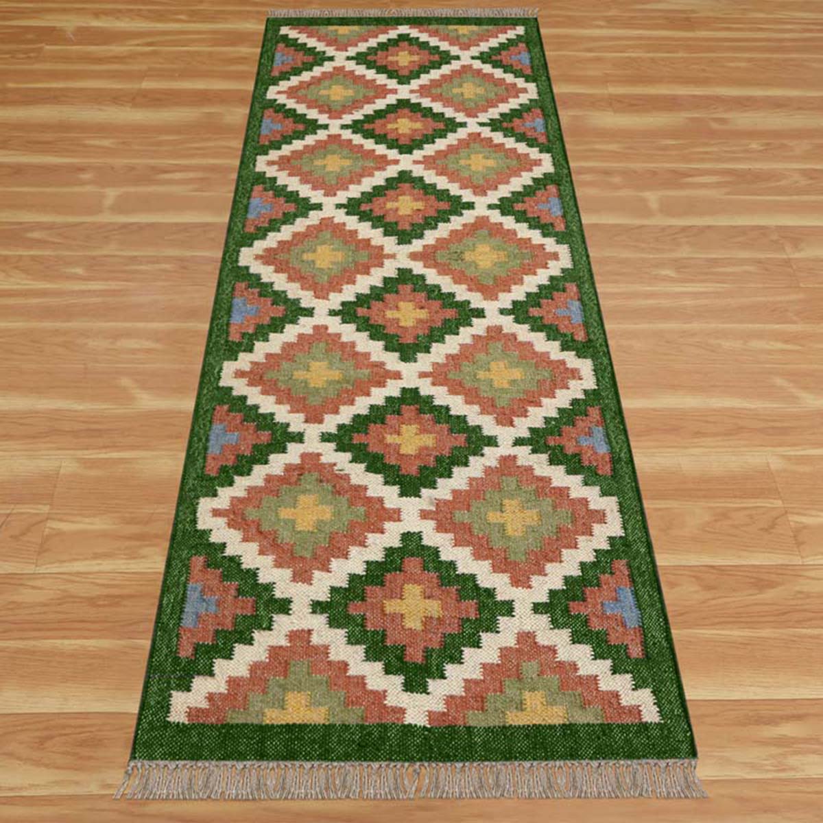 Indian Wool Jute Multicolor Bordered Runner Rug - Indian Rug Store