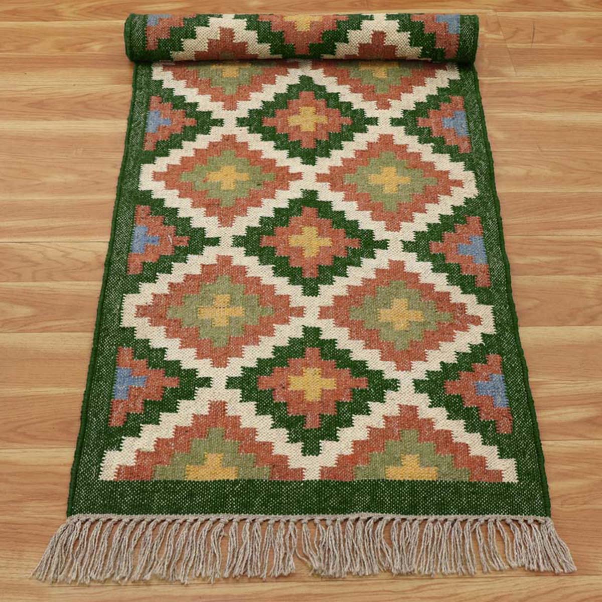 Indian Wool Jute Multicolor Bordered Runner Rug - Indian Rug Store